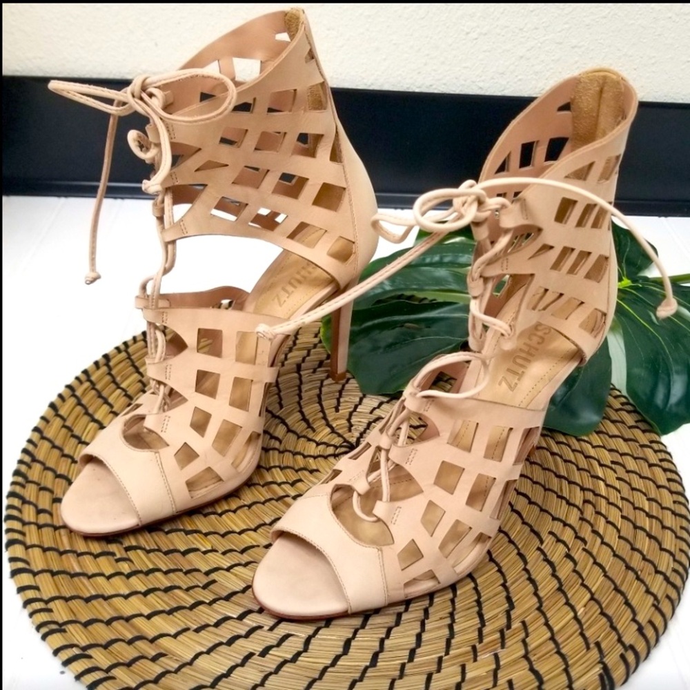 NEW Schutz Blake Caged Sandal heel in nude beige